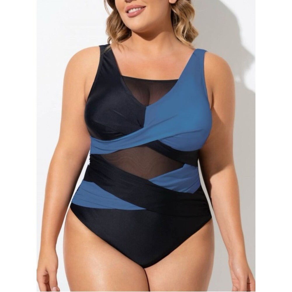 NWT Meet Curve Mesh Cutout One Piece Swimsuit Blue Black Tummy Control Size 3XL